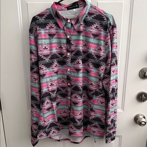 Stylish Women's Button Down Shirt - Pink, Black, and Gray Pattern